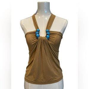 La Perla brown ruched halter top with a beaded medallion neckline Sz:44
